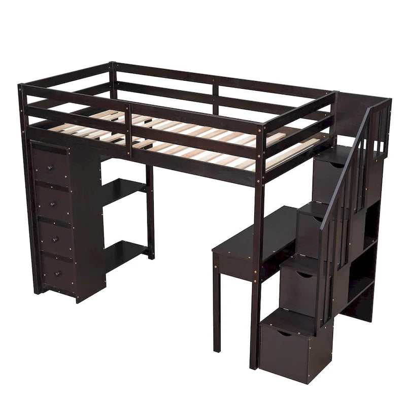 Lit mezzanine en bois massif taille double avec bureau