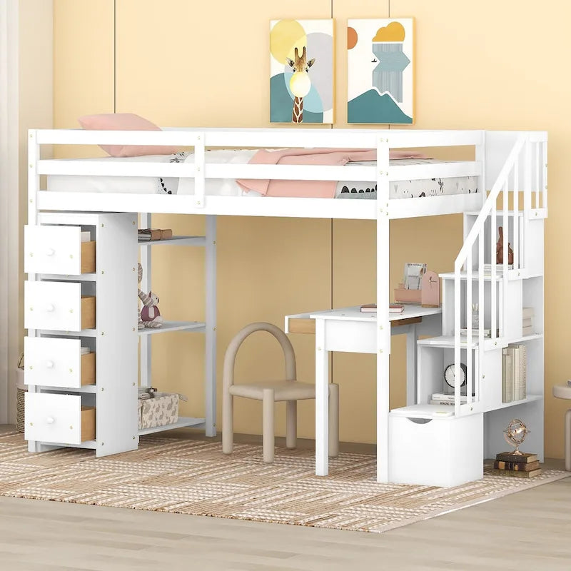 Lit mezzanine en bois massif taille double avec bureau
