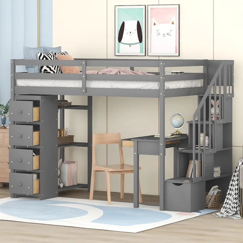 Lit mezzanine en bois massif taille double avec bureau