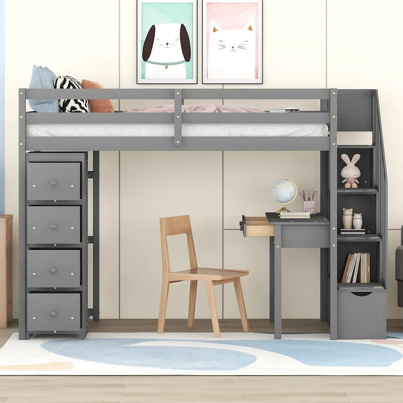 Lit mezzanine en bois massif taille double avec bureau