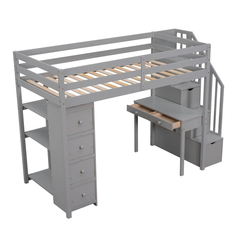 Lit mezzanine en bois massif taille double avec bureau