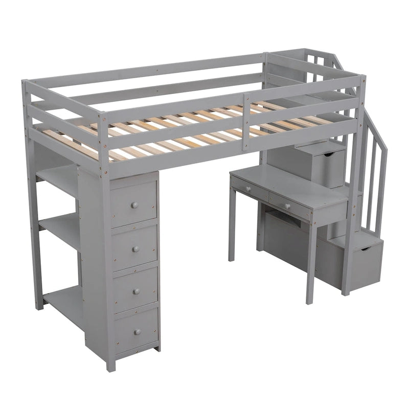 Lit mezzanine en bois massif taille double avec bureau