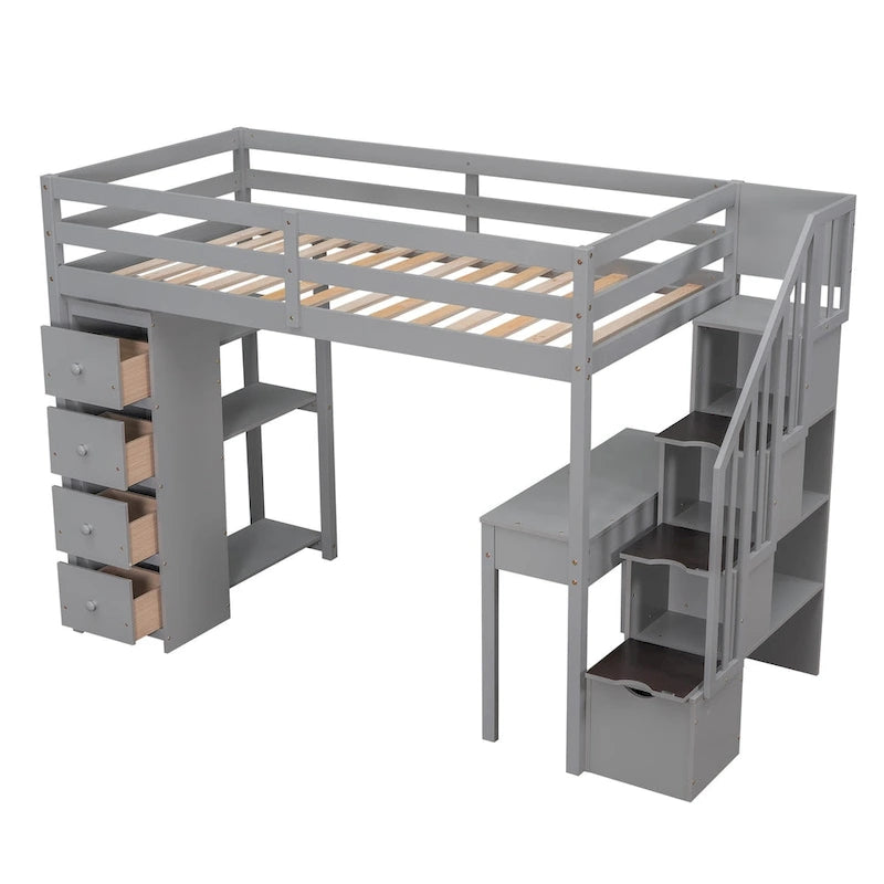 Lit mezzanine en bois massif taille double avec bureau