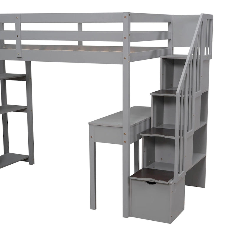 Lit mezzanine en bois massif taille double avec bureau