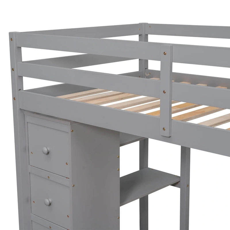 Lit mezzanine en bois massif taille double avec bureau