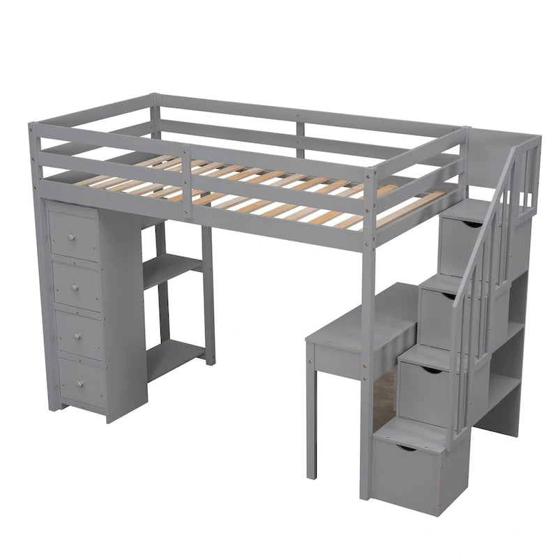 Lit mezzanine en bois massif taille double avec bureau
