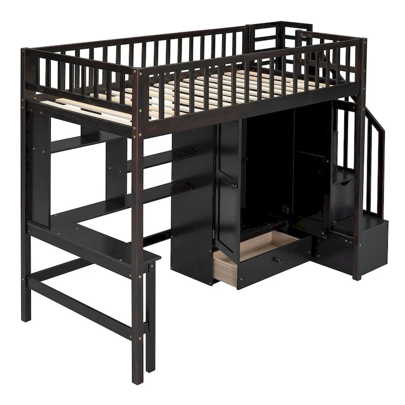 Lit mezzanine double en bois massif avec bureau et armoire intégrés pour des solutions de rangement