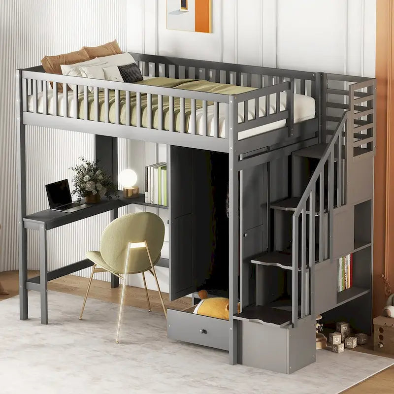 Lit mezzanine double en bois massif avec bureau et armoire intégrés pour des solutions de rangement