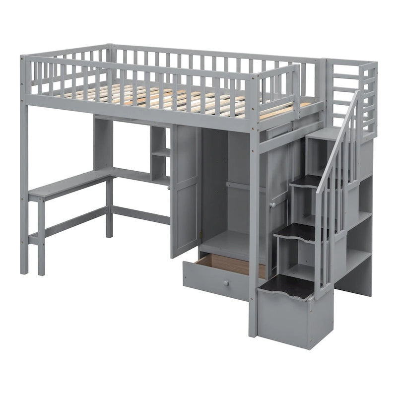 Lit mezzanine double en bois massif avec bureau et armoire intégrés pour des solutions de rangement