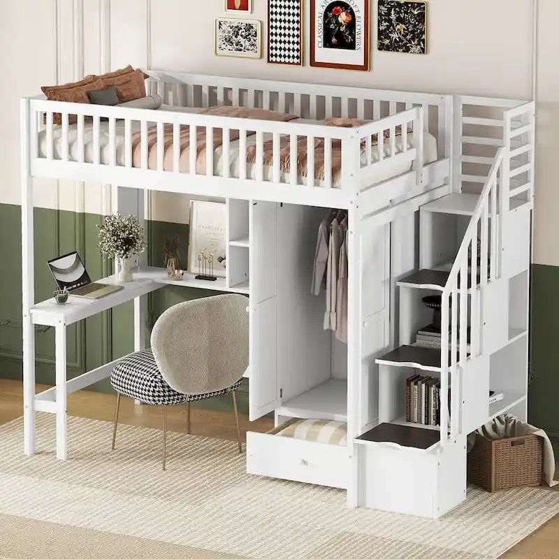 Lit mezzanine double en bois massif avec bureau et armoire intégrés pour des solutions de rangement