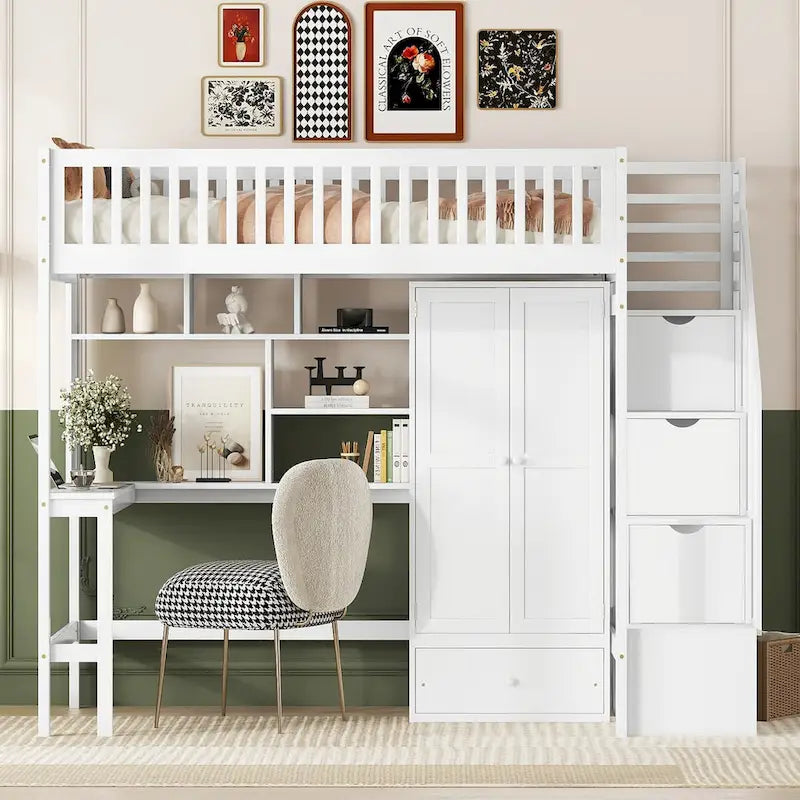 Lit mezzanine double en bois massif avec bureau et armoire intégrés pour des solutions de rangement
