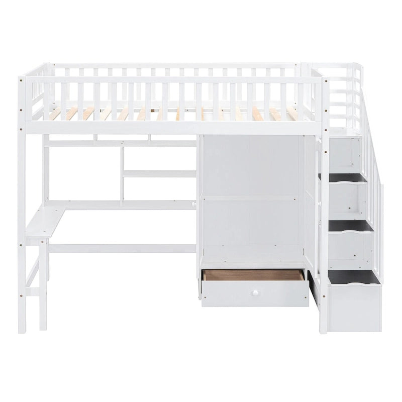 Lit mezzanine double en bois massif avec bureau et armoire intégrés pour des solutions de rangement
