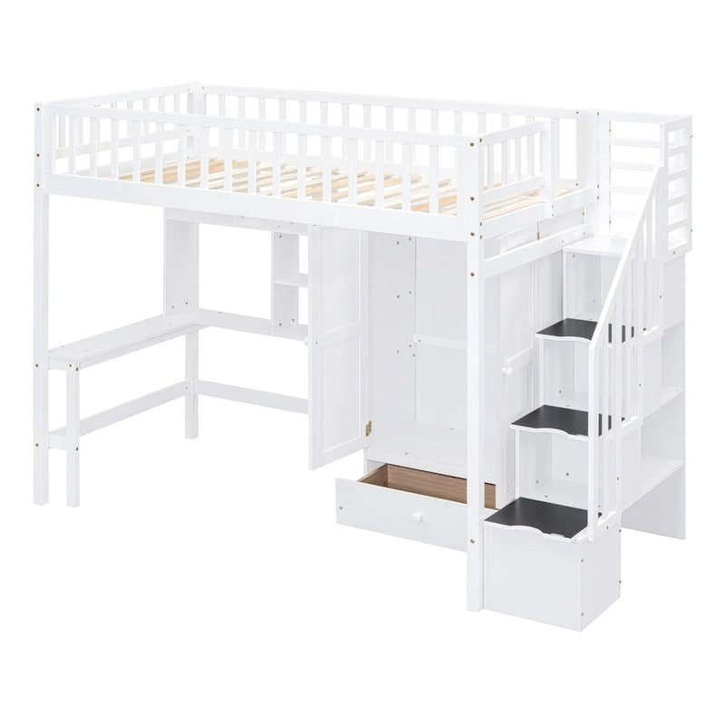 Lit mezzanine double en bois massif avec bureau et armoire intégrés pour des solutions de rangement