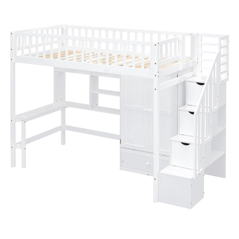 Lit mezzanine double en bois massif avec bureau et armoire intégrés pour des solutions de rangement