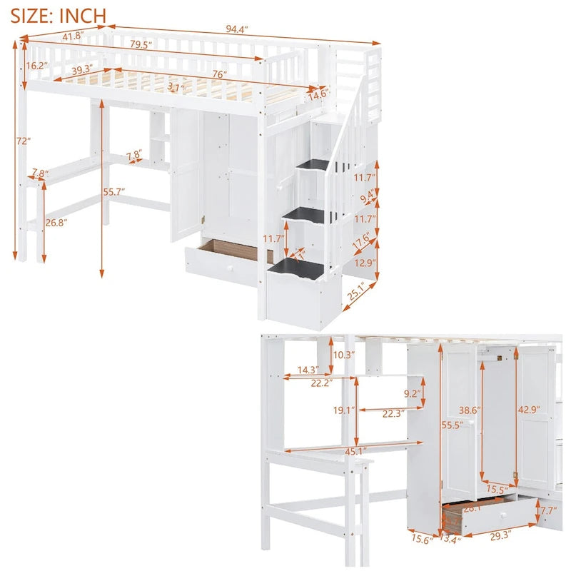 Lit mezzanine double en bois massif avec bureau et armoire intégrés pour des solutions de rangement
