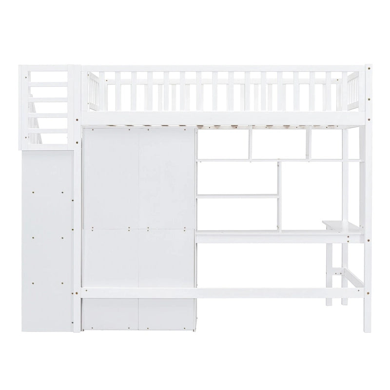 Lit mezzanine double en bois massif avec bureau et armoire intégrés pour des solutions de rangement