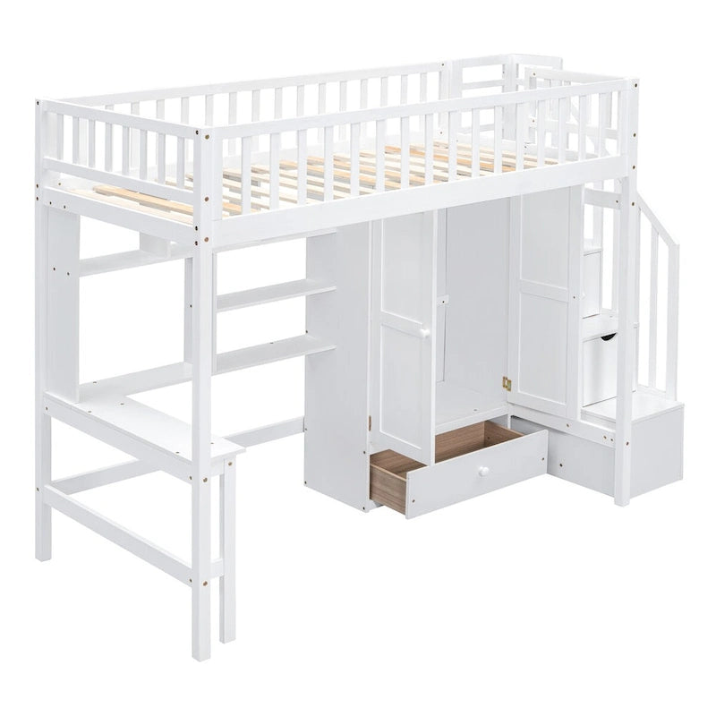 Lit mezzanine double en bois massif avec bureau et armoire intégrés pour des solutions de rangement