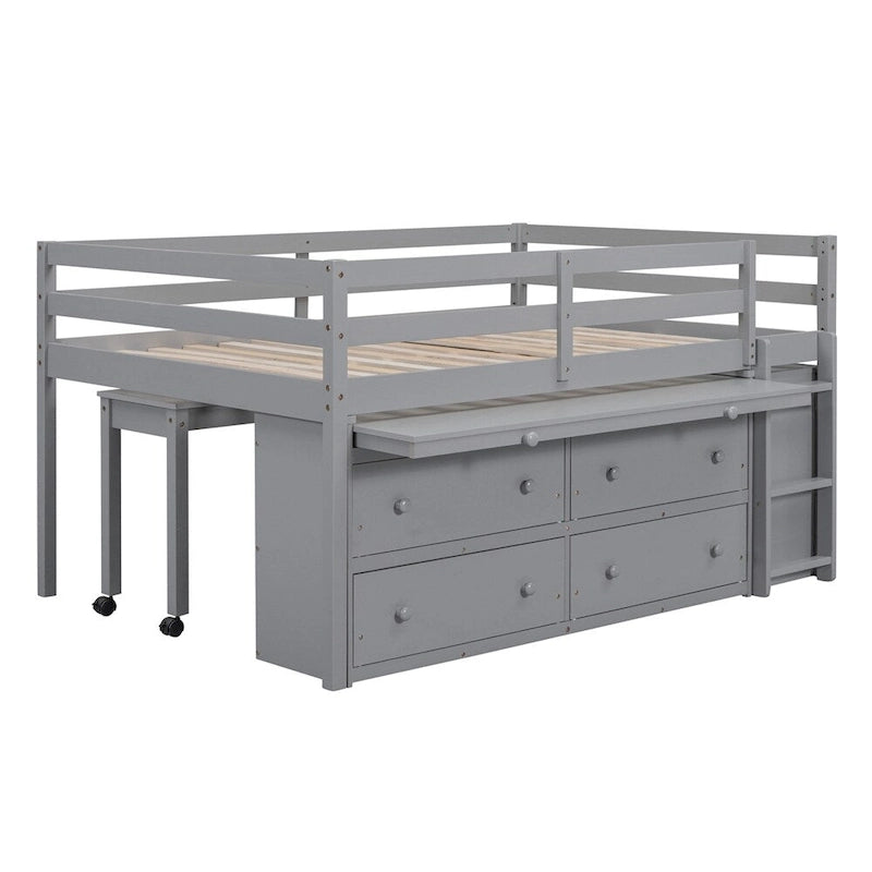 Lit mezzanine pleine grandeur en bois avec bureau rétractable et 4 tiroirs