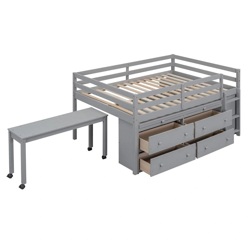 Lit mezzanine pleine grandeur en bois avec bureau rétractable et 4 tiroirs
