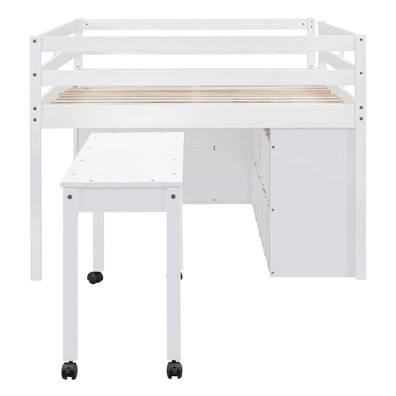 Lit mezzanine pleine grandeur en bois avec bureau rétractable et 4 tiroirs