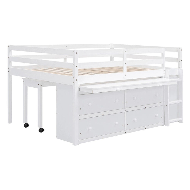 Lit mezzanine pleine grandeur en bois avec bureau rétractable et 4 tiroirs