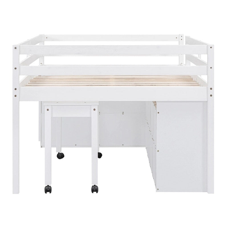 Lit mezzanine pleine grandeur en bois avec bureau rétractable et 4 tiroirs