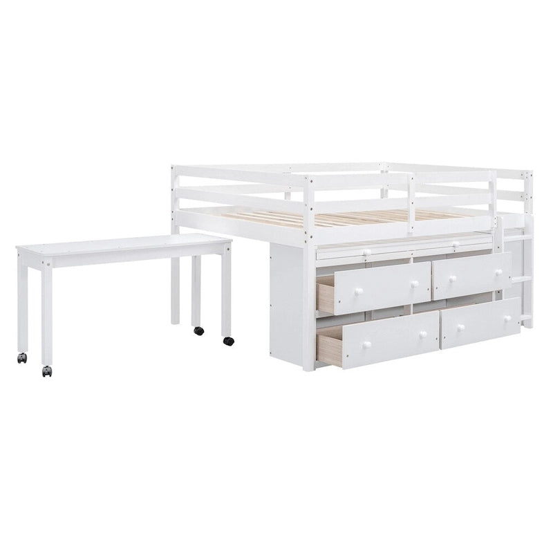 Lit mezzanine pleine grandeur en bois avec bureau rétractable et 4 tiroirs