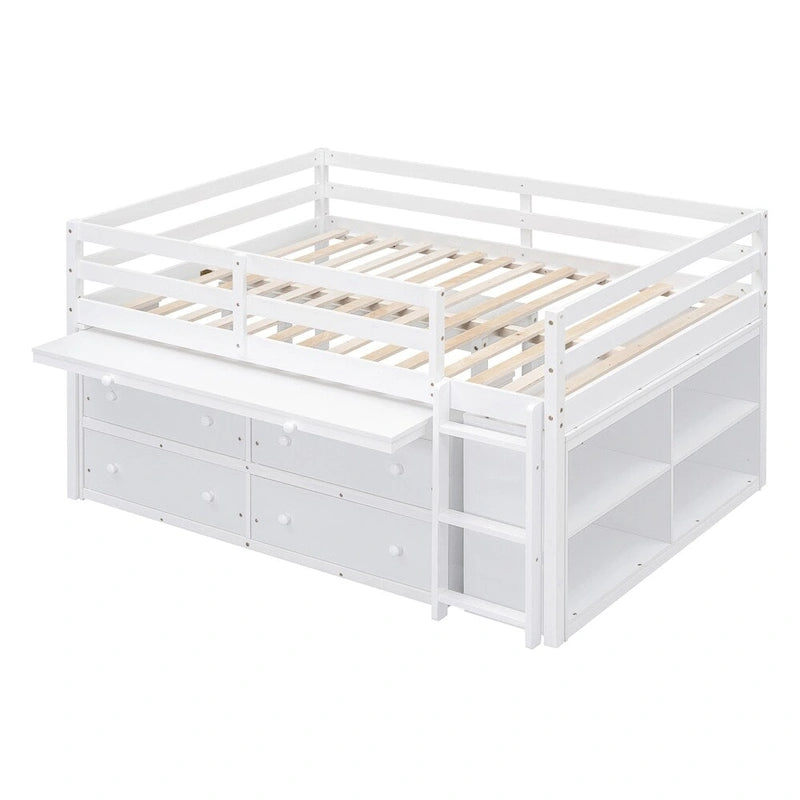 Lit mezzanine pleine grandeur en bois avec bureau rétractable et 4 tiroirs