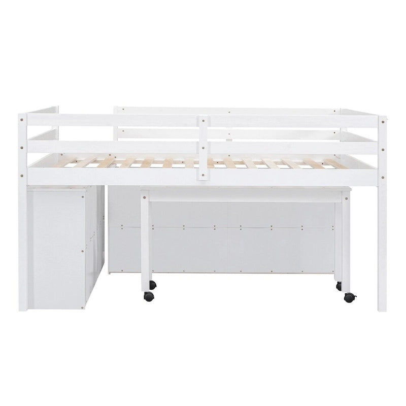 Lit mezzanine pleine grandeur en bois avec bureau rétractable et 4 tiroirs
