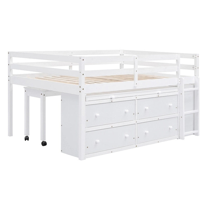 Lit mezzanine pleine grandeur en bois avec bureau rétractable et 4 tiroirs