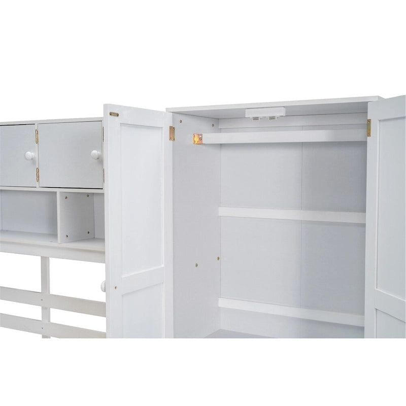 Lit mezzanine double en bois avec bureau et tiroirs intégrés