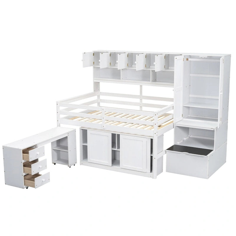 Lit mezzanine double en bois avec bureau et tiroirs intégrés