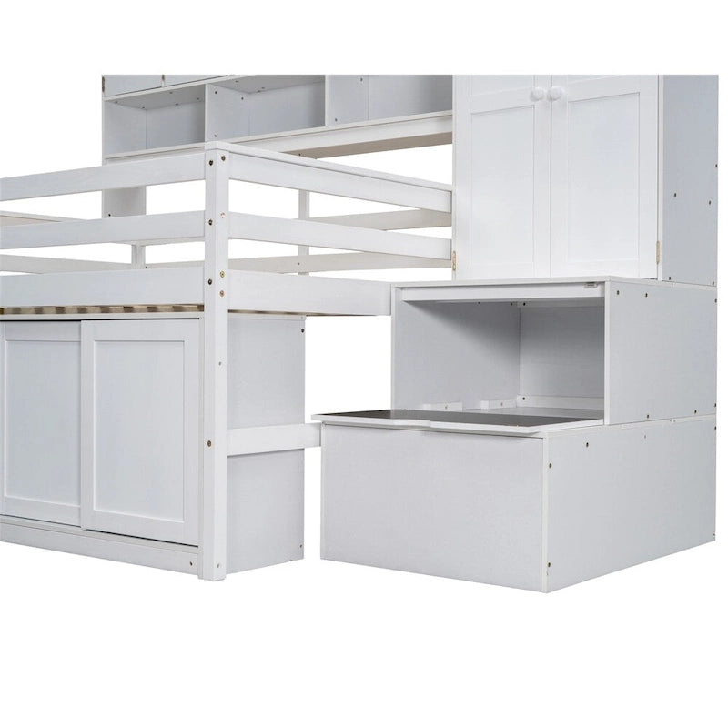 Lit mezzanine double en bois avec bureau et tiroirs intégrés