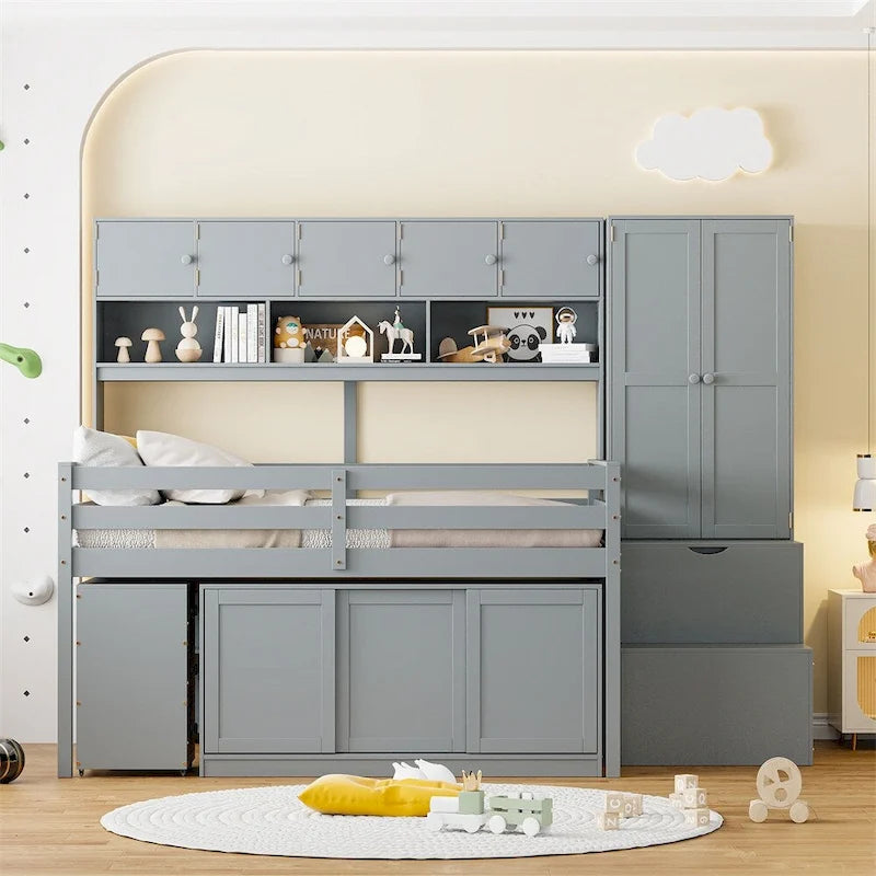 Lit mezzanine double en bois avec bureau et tiroirs intégrés