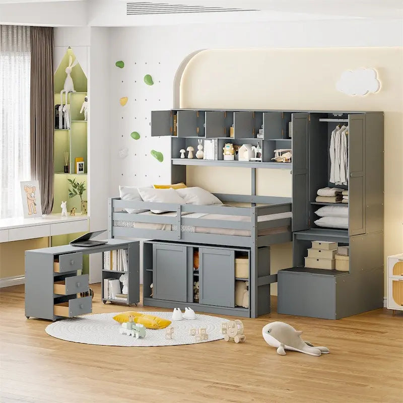 Lit mezzanine double en bois avec bureau et tiroirs intégrés
