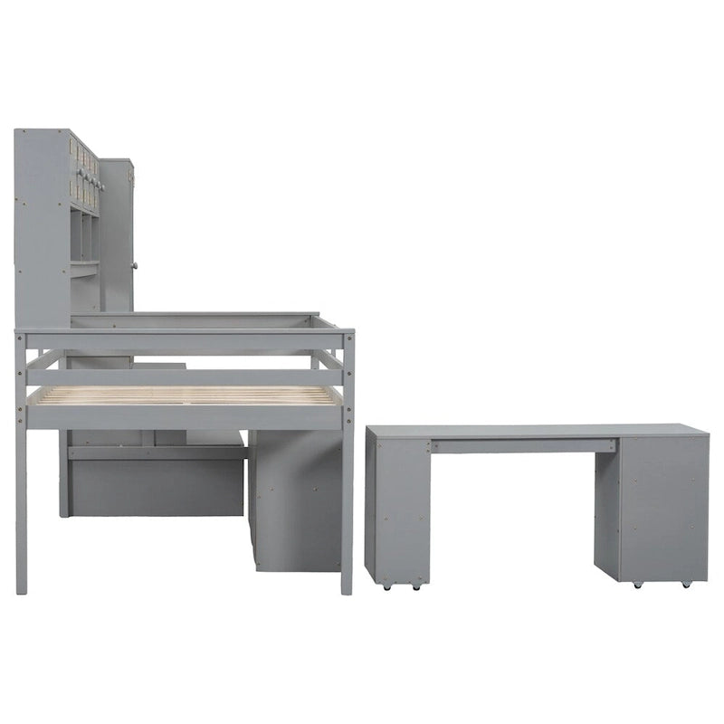 Lit mezzanine double en bois avec bureau et tiroirs intégrés