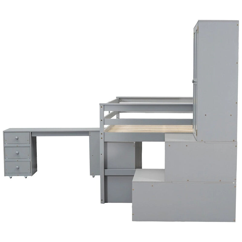Lit mezzanine double en bois avec bureau et tiroirs intégrés