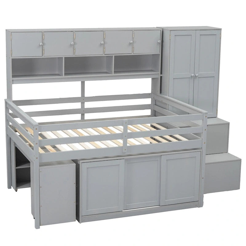 Lit mezzanine double en bois avec bureau et tiroirs intégrés