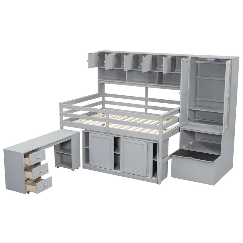 Lit mezzanine double en bois avec bureau et tiroirs intégrés