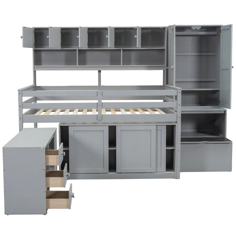 Lit mezzanine double en bois avec bureau et tiroirs intégrés