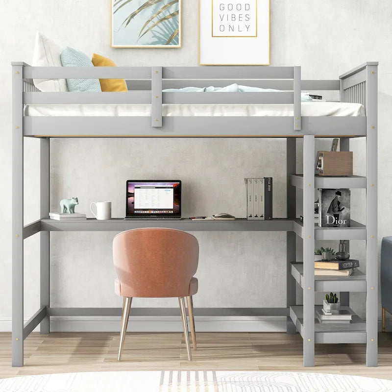 Lit mezzanine en bois massif pleine grandeur avec bureau intégré, étagères de rangement et garde-corps stables