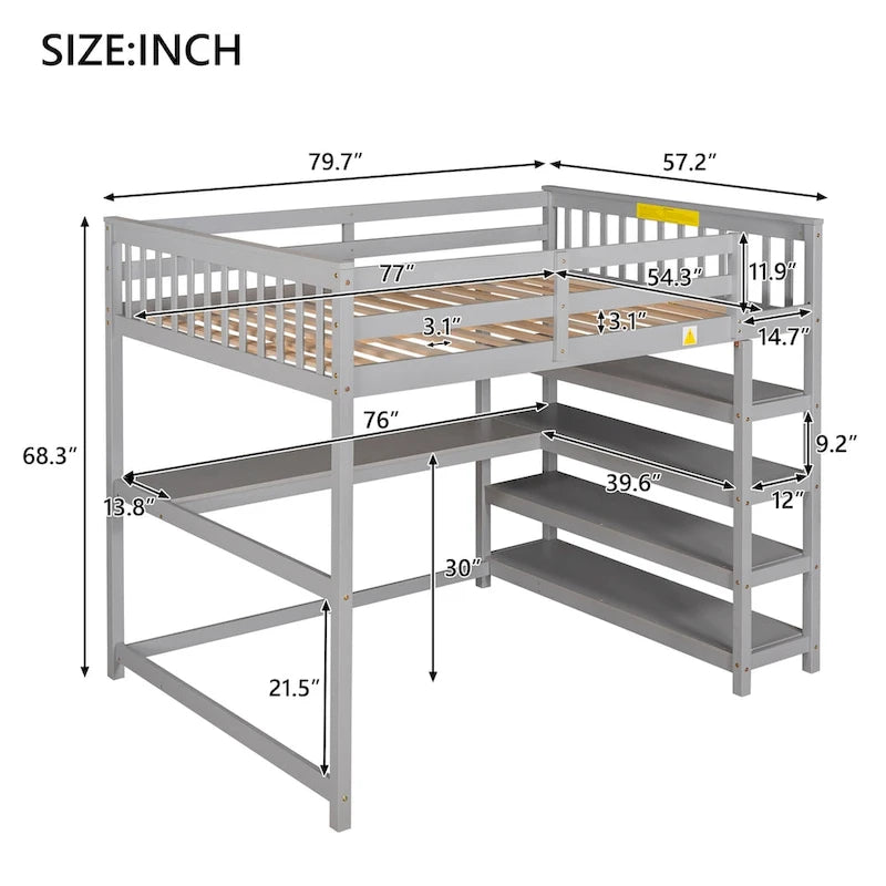 Lit mezzanine en bois massif pleine grandeur avec bureau intégré, étagères de rangement et garde-corps stables