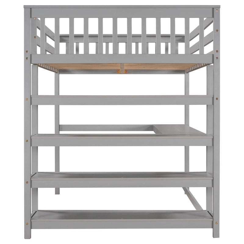 Lit mezzanine en bois massif pleine grandeur avec bureau intégré, étagères de rangement et garde-corps stables