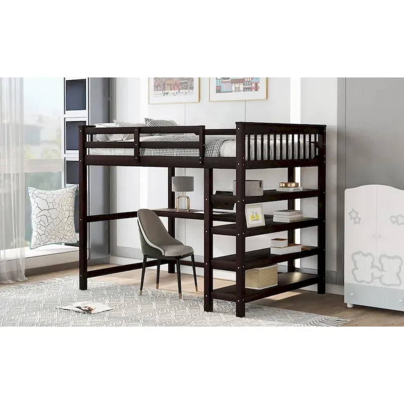 Lit mezzanine en bois massif pleine grandeur avec bureau intégré, étagères de rangement et garde-corps stables