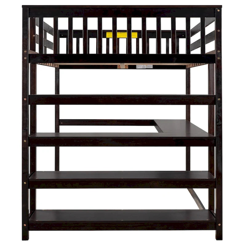 Lit mezzanine en bois massif pleine grandeur avec bureau intégré, étagères de rangement et garde-corps stables