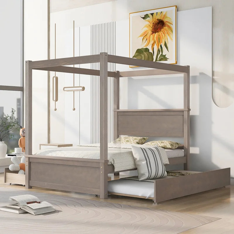 Lit à baldaquin complet en bois avec lit gigogne inclus pour un couchage supplémentaire