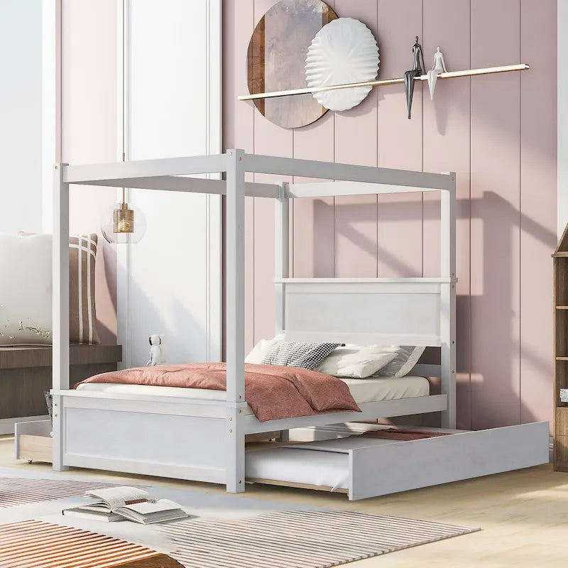 Lit à baldaquin complet en bois avec lit gigogne inclus pour un couchage supplémentaire