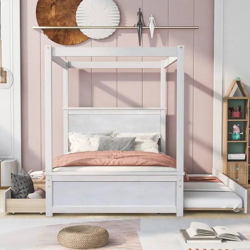 Lit à baldaquin complet en bois avec lit gigogne inclus pour un couchage supplémentaire