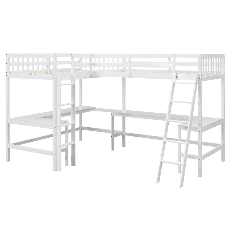 Lit mezzanine en bois en forme de L, double, avec échelle et 2 bureaux intégrés en forme de L