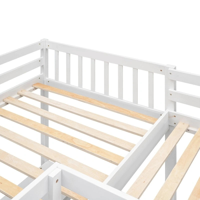 Lit mezzanine en bois en forme de L, double, avec échelle et 2 bureaux intégrés en forme de L